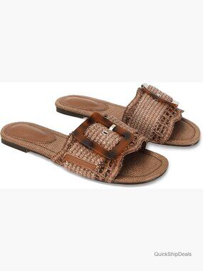 Raffia Flat Sandals with Buckle Slide Straw Woven Summer Beach
